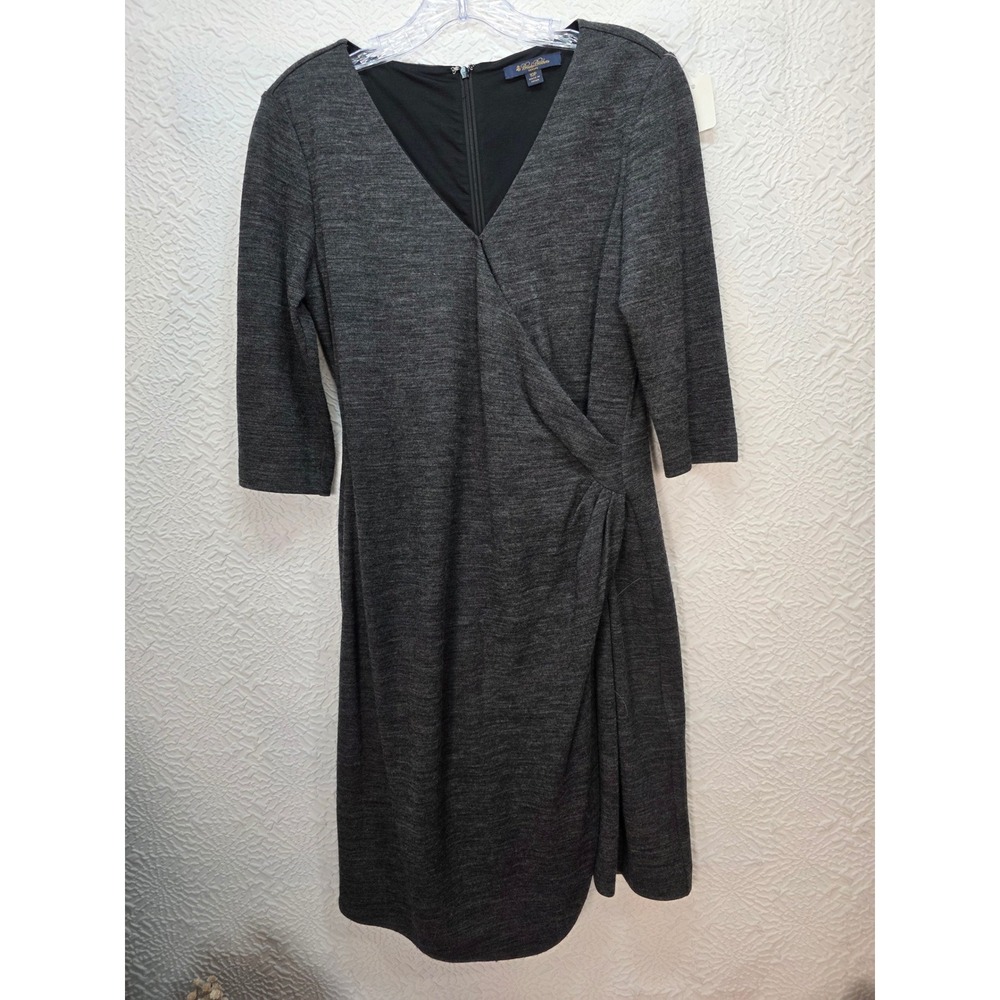Brooks Brothers Faux Wrap Sheath Dress Women 10P Charcoal Grey Good Wool V-Neck